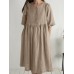 Solid Button Ruched Half Sleeve Casual Cotton Midi Dress