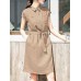 Solid Button Pocket Sash Lapel Casual Cotton Midi Dress