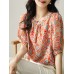 Women Random Allover Print Half Sleeve Crew Neck Blouse