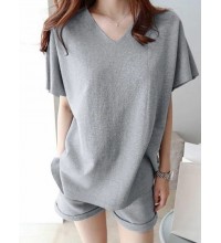 Leisure Solid Pocket V Neck Short Sleeve Suit