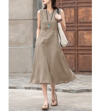 Solid Sleeveless Pocket Crew Neck Casual Dress