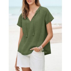 Solid Tassel Knotted V Neck Casual Blouse