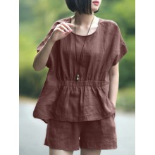 Leisure Solid Pocket Ruched High  Low Hem Elastic Waist Cotton Suit