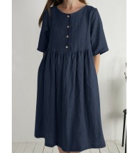 Solid Button Ruched Half Sleeve Casual Cotton Midi Dress