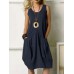 Leisure Solid Pocket Zip Sleeveless Cotton Midi Dress