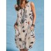 Plant Print Button Pocket Sleeveless Round Neck Print Midi Dress