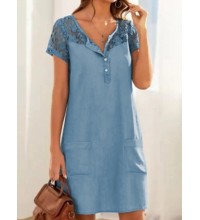 Solid Button Pocket Patchwork Hollow Out Short Sleeve Casual Dress