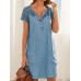 Solid Button Pocket Patchwork Hollow Out Short Sleeve Casual Dress