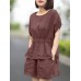 Leisure Solid Pocket Ruched High  Low Hem Elastic Waist Cotton Suit