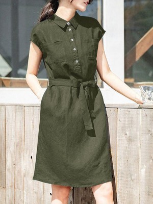 Solid Button Pocket Sash Lapel Casual Cotton Midi Dress