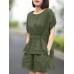 Leisure Solid Pocket Ruched High  Low Hem Elastic Waist Cotton Suit